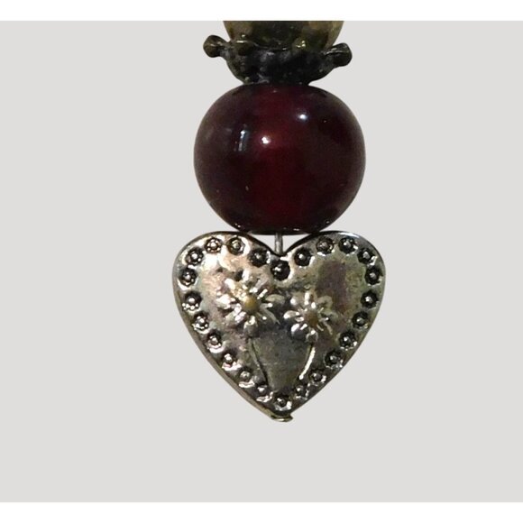 Vintage-Inspired Dangle Earrings Silver Heart Charm Red Metallic Beads 2.5" Long - Picture 3 of 4